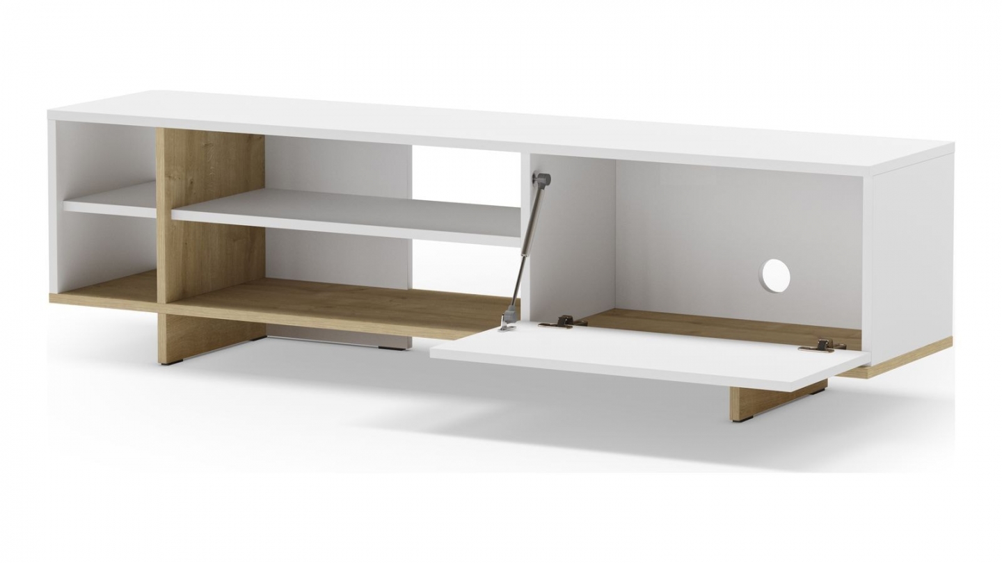 Meuble TV 1 porte blanc et décor chêne 160 cm - Alicia