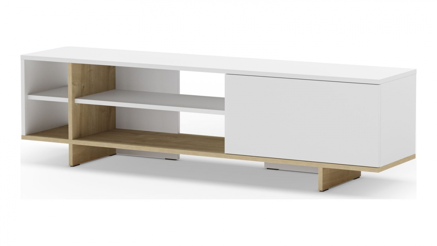 Meuble TV 1 porte blanc et décor chêne 160 cm - Alicia