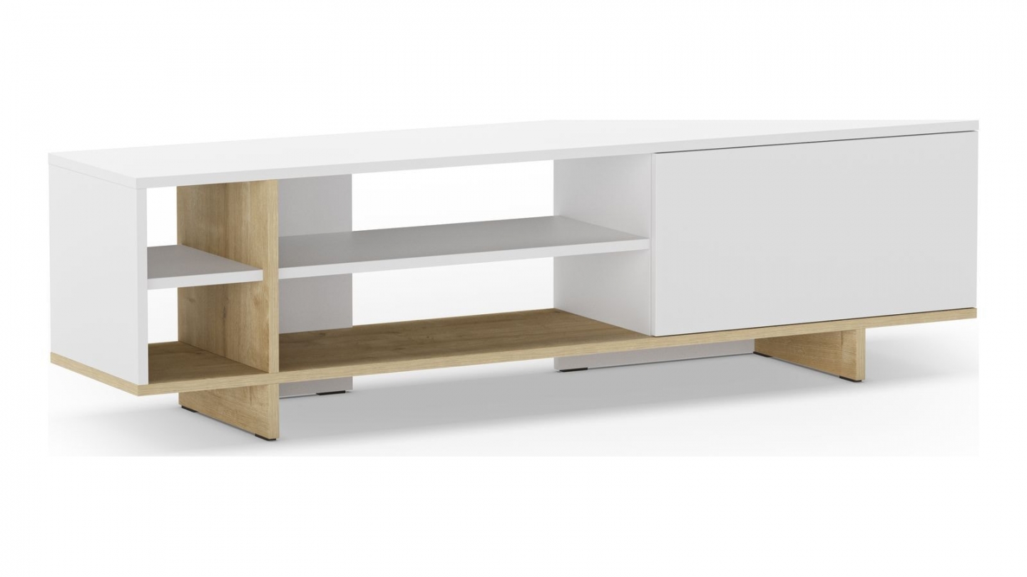 Meuble TV 1 porte blanc et décor chêne 160 cm - Alicia