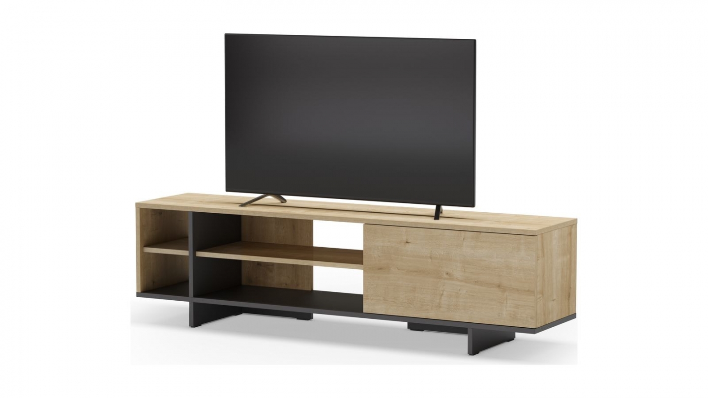 Meuble TV 1 porte décor chêne et noir 160 cm - Alicia