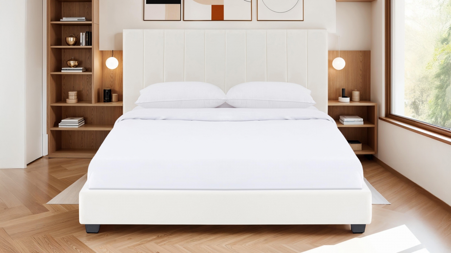Lit adulte 160x200 cm avec tête de lit capitonnée en velours beige - William
