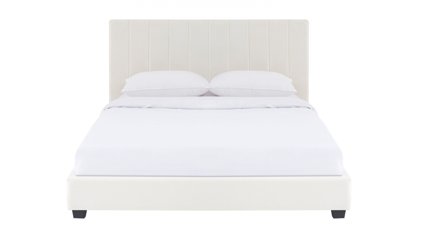 Lit adulte 160x200 cm avec tête de lit capitonnée en velours beige - William