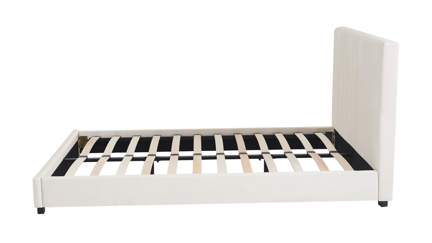 Lit adulte 140x190 cm avec tête de lit capitonnée en velours beige - William