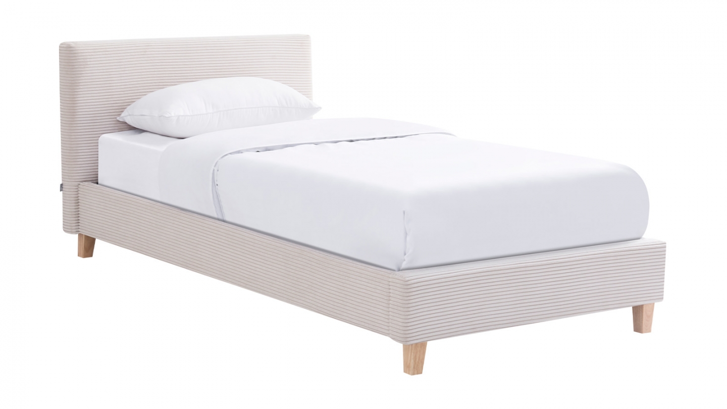 Lit adulte 90x190 cm avec tête de lit capitonnée en velours côtelé beige - Milo