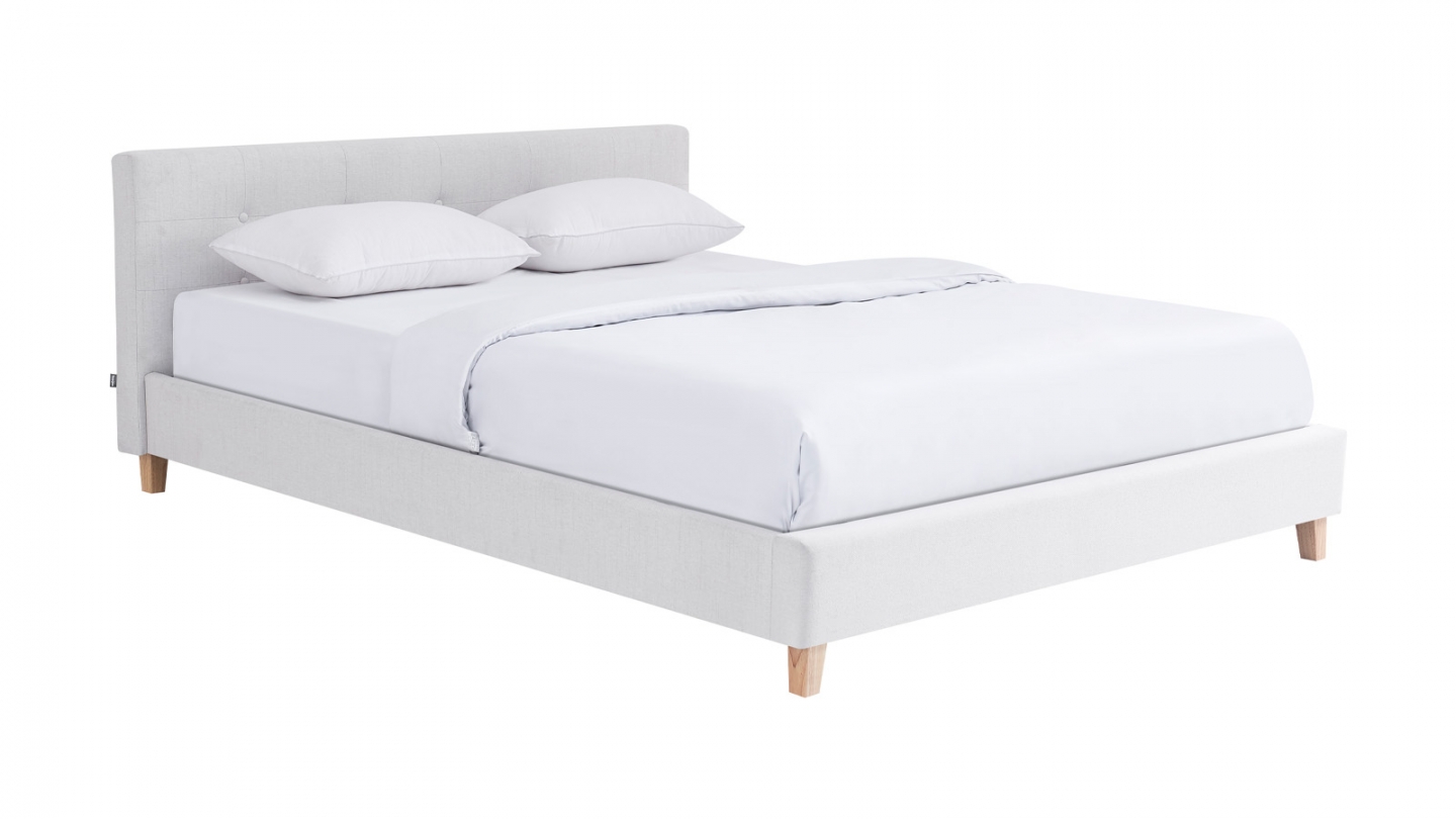Lit adulte 160x200 cm avec tête de lit capitonnée en tissu beige - Milo