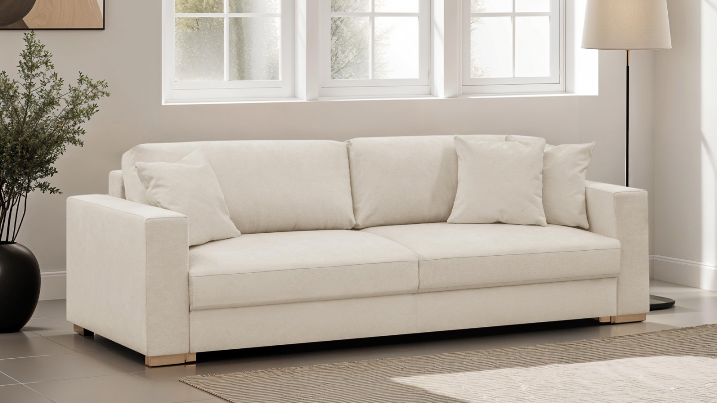 Canapé convertible 3 places en tissu chenille beige - Robin