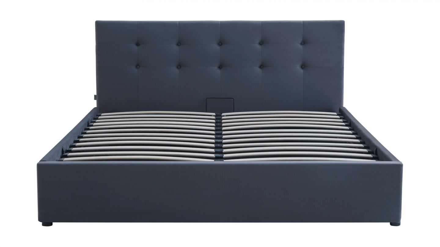 Lit coffre adulte 140x190 cm avec tête de lit capitonnée en velours gris foncé et sommier - Tina