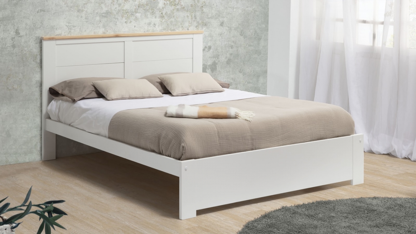 Lit adulte 140x190 cm avec tête de lit en bois blanc - Nevea