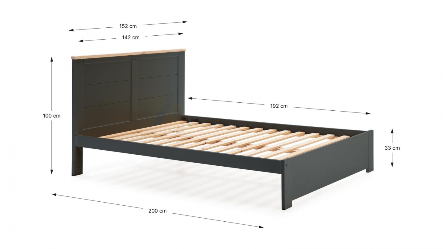 Lit adulte 140x190 cm avec tête de lit en bois gris anthracite - Nevea