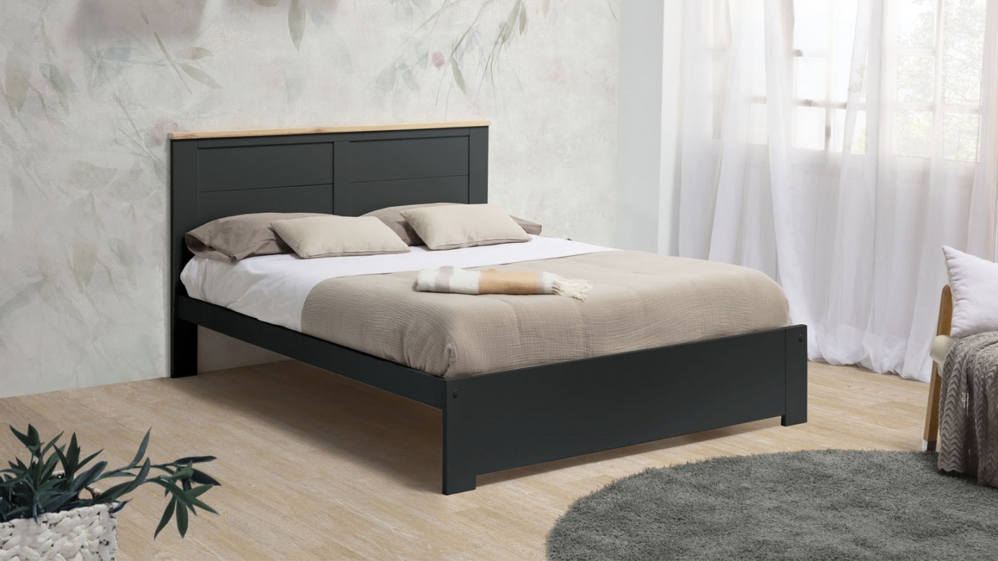 Lit adulte 160x200 cm avec tête de lit en bois gris anthracite - Nevea