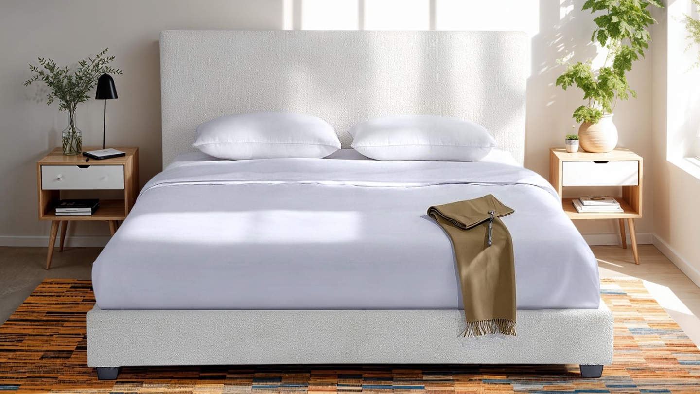 Lit adulte 160x200 cm avec tête de lit capitonnée en tissu bouclé beige - William