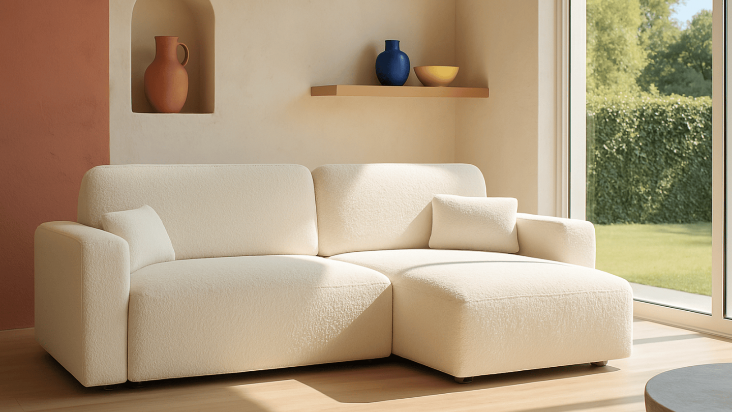 Canapé d'angle réversible convertible 4 places avec coffre de rangement en tissu bouclé beige - Davis