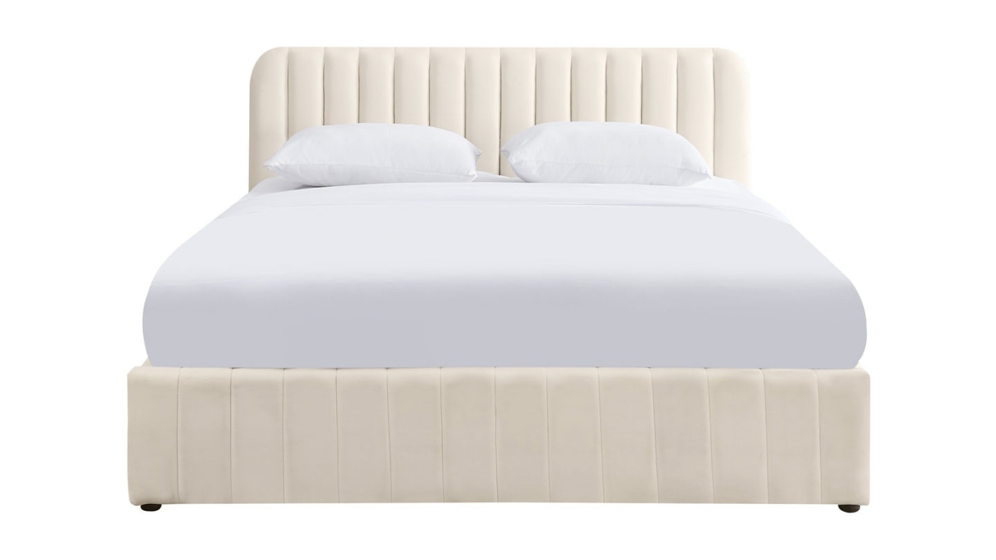 Lit coffre adulte 140x190 cm avec tête de lit capitonnée en velours beige - Ava