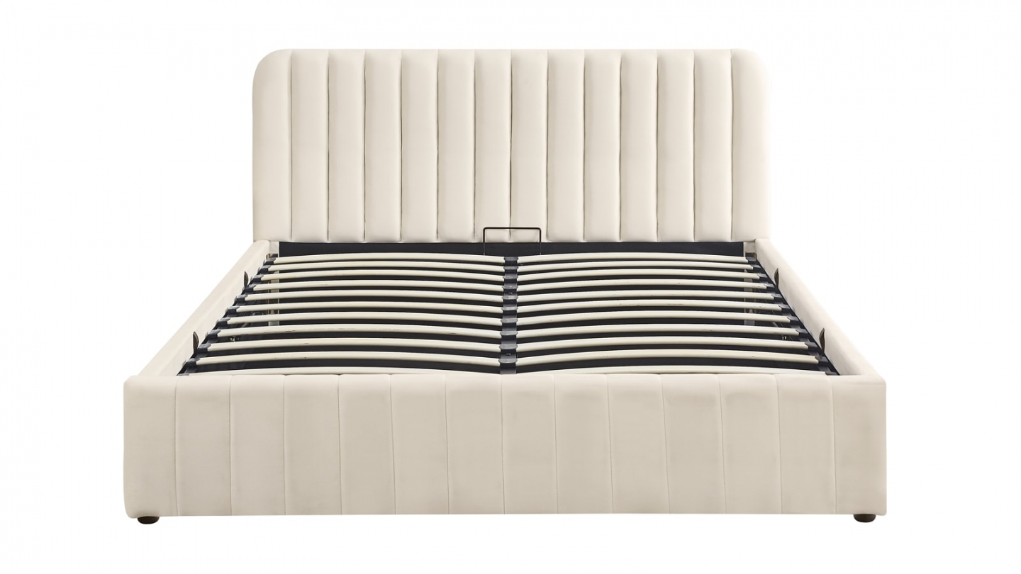 Lit coffre adulte 140x190 cm avec tête de lit capitonnée en velours beige - Ava