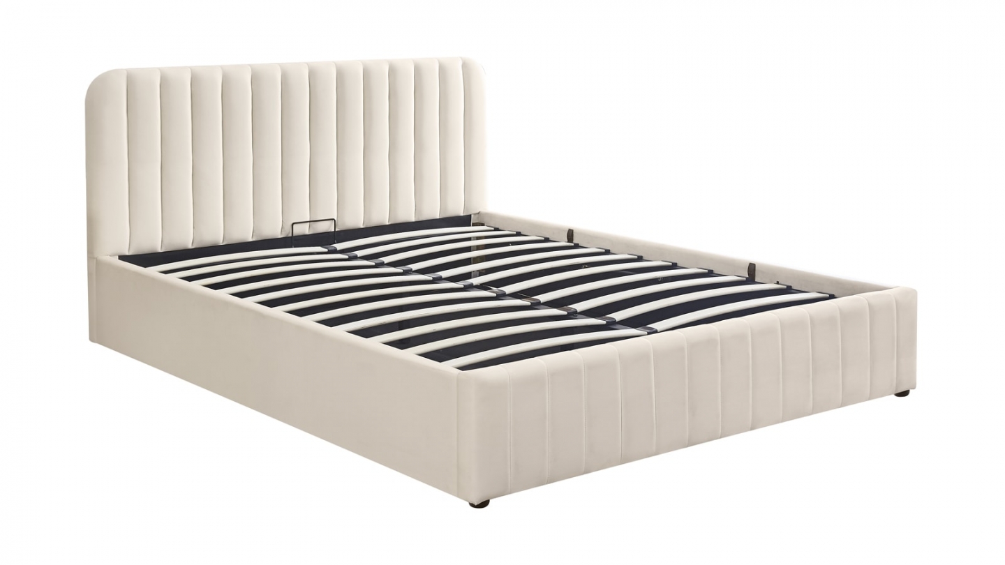 Lit coffre adulte 140x190 cm avec tête de lit capitonnée en velours beige - Ava