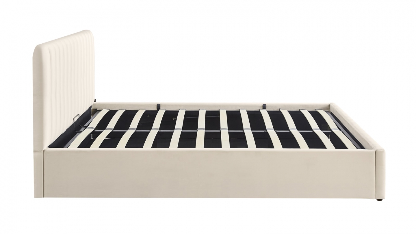 Lit coffre adulte 140x190 cm avec tête de lit capitonnée en velours beige - Ava