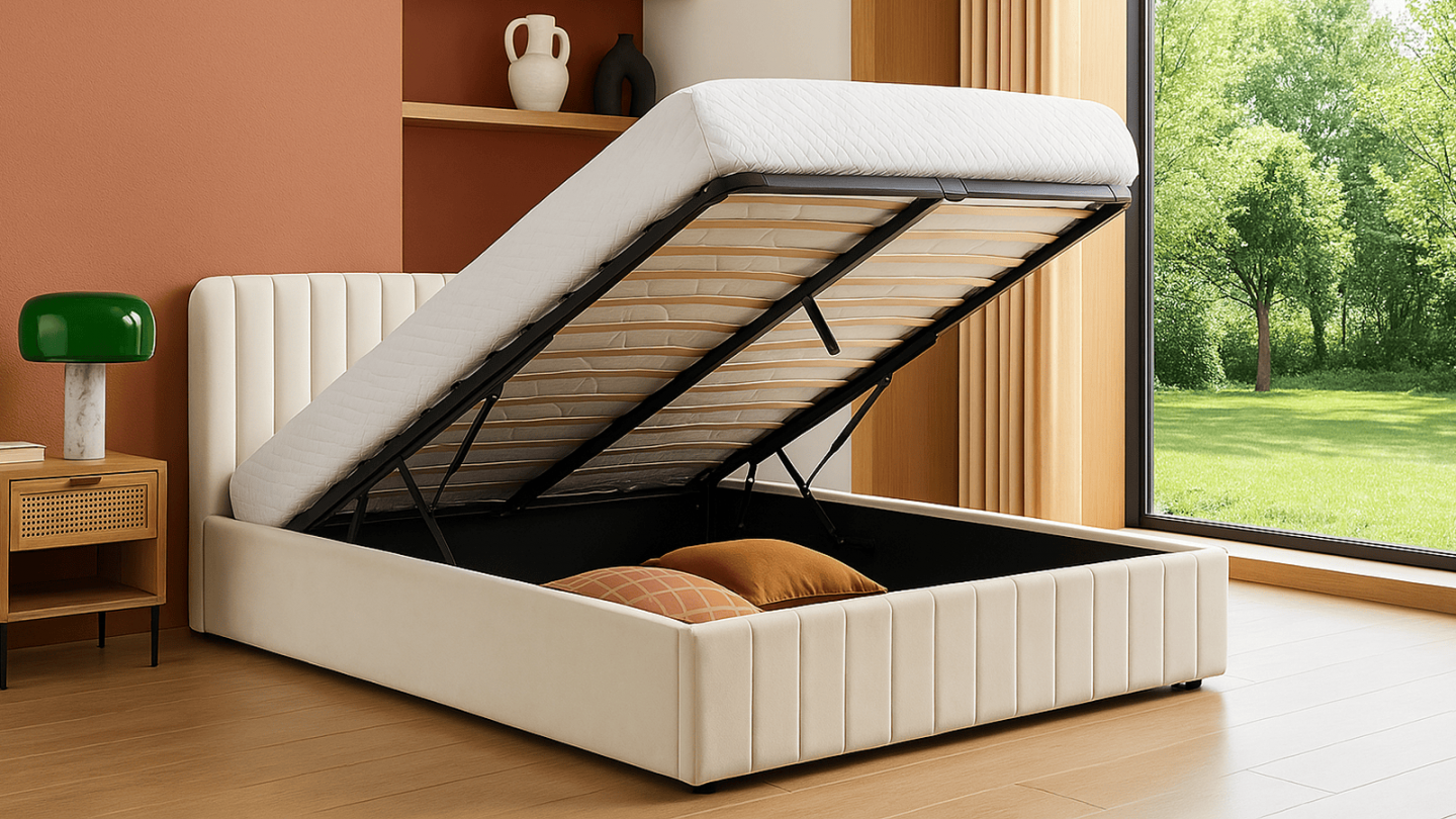 Lit coffre adulte 140x190 cm avec tête de lit capitonnée en velours beige - Ava