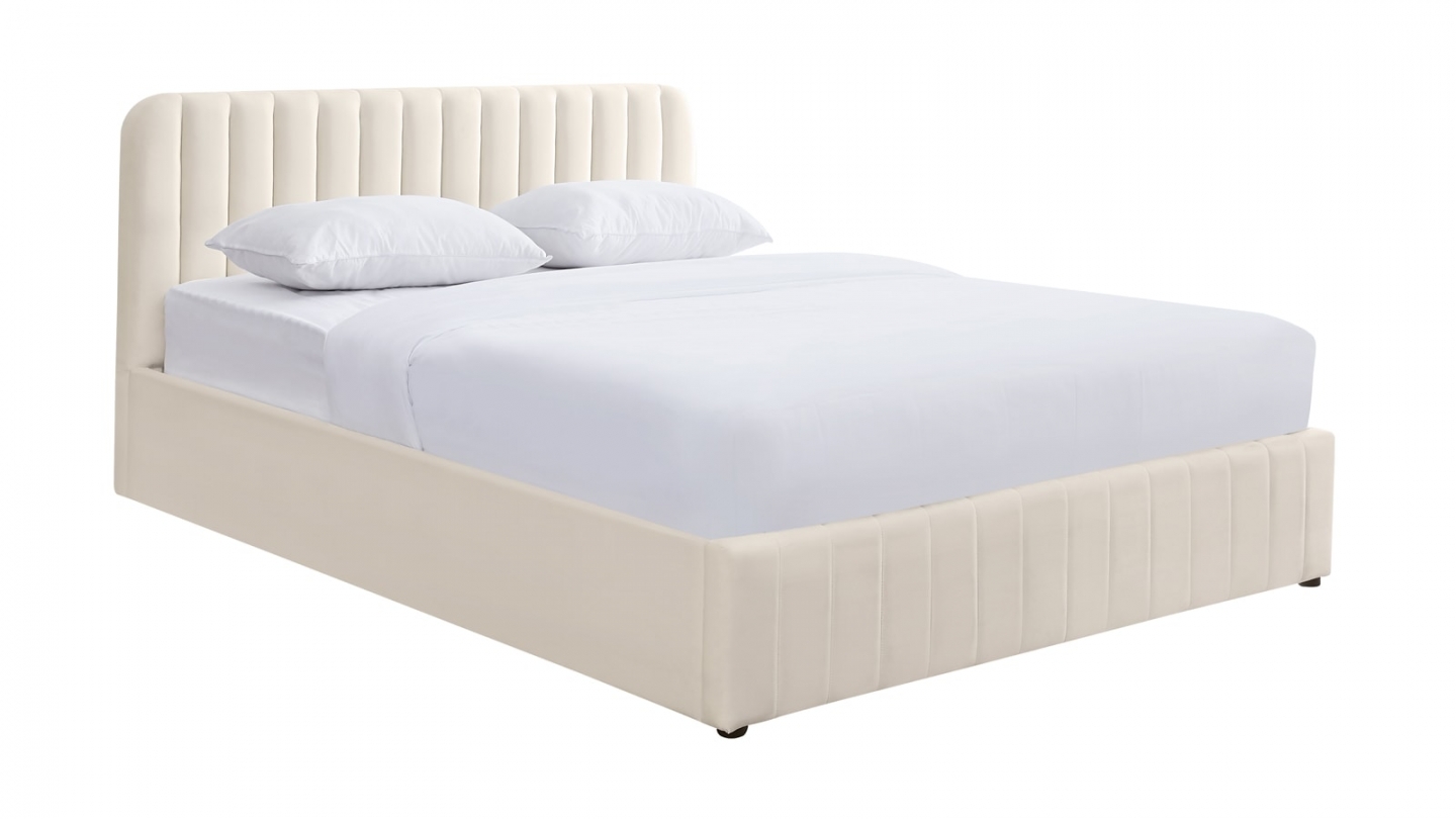 Lit coffre adulte 180x200 cm avec tête de lit capitonnée en velours beige - Ava