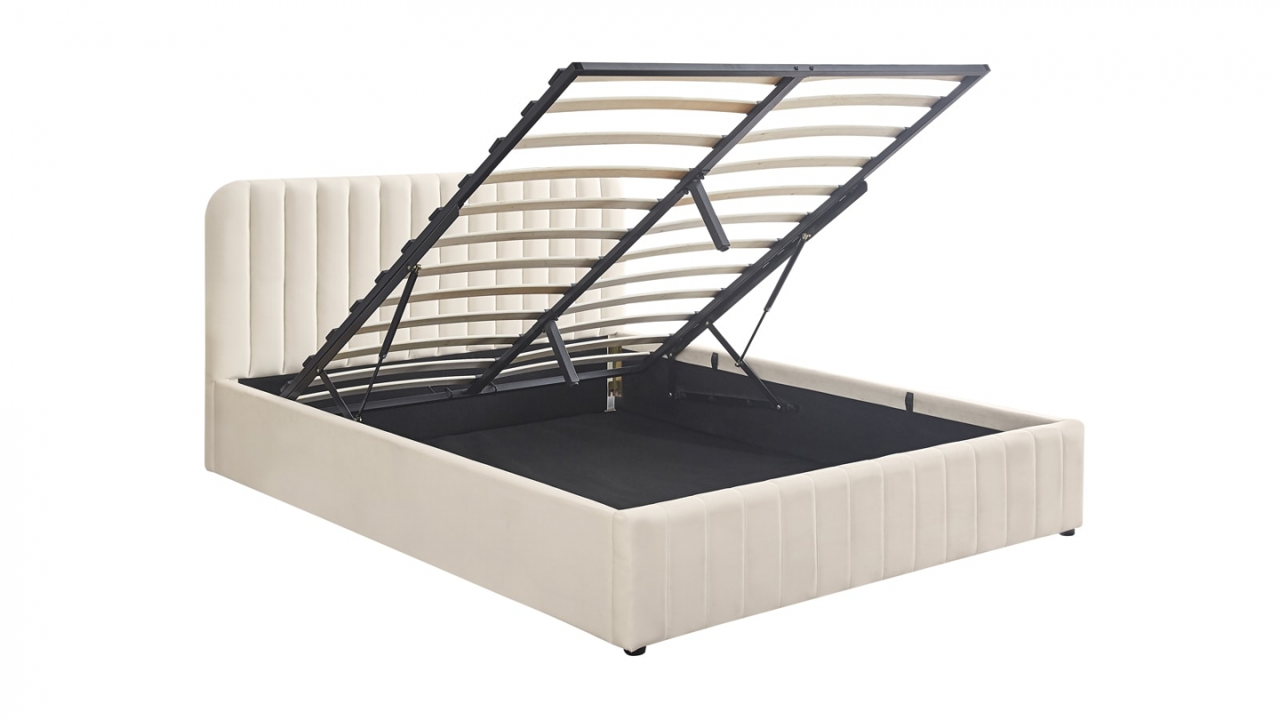 Lit coffre adulte 180x200 cm avec tête de lit capitonnée en velours beige - Ava