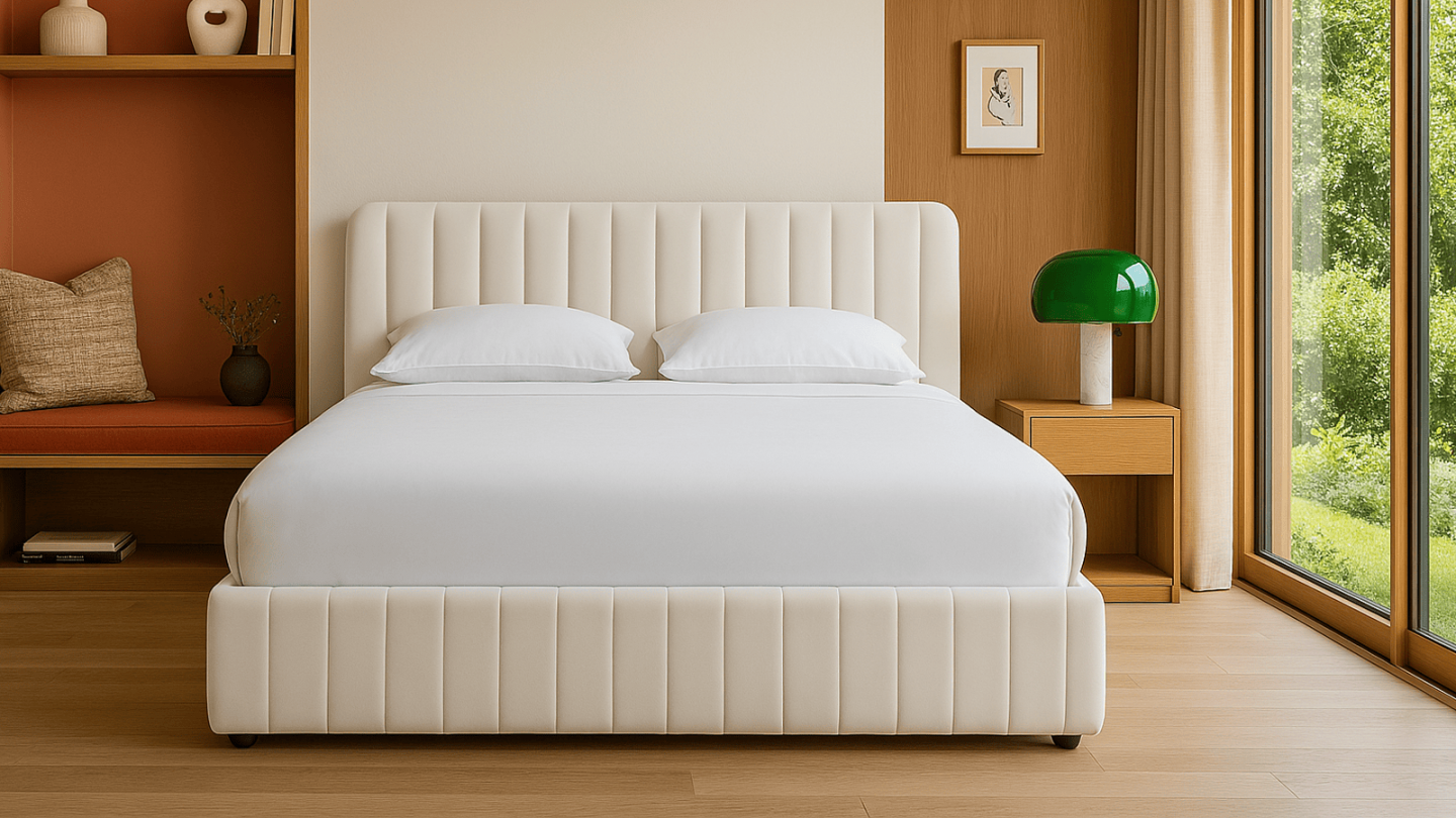 Lit coffre adulte 180x200 cm avec tête de lit capitonnée en velours beige - Ava