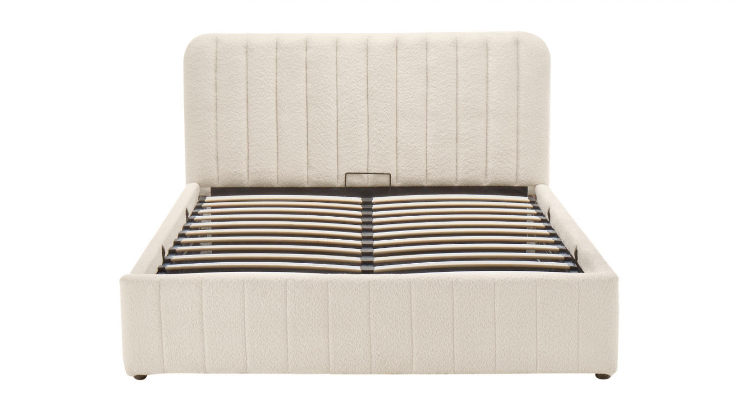 Lit coffre adulte 160x200 cm avec tête de lit capitonnée en tissu bouclé beige - Ava