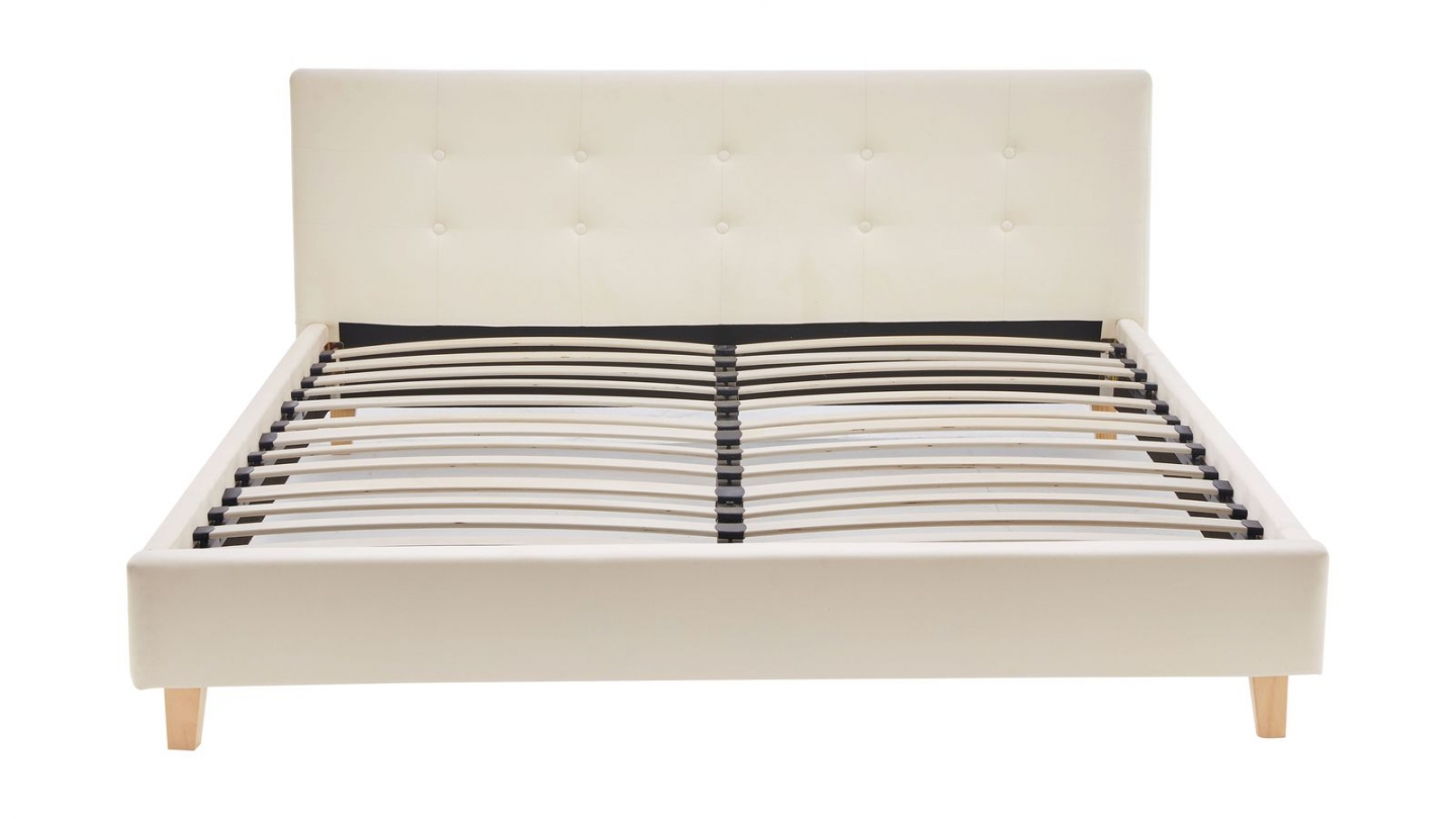 Lit adulte 140x190 cm avec tête de lit capitonnée en velours beige - Milo
