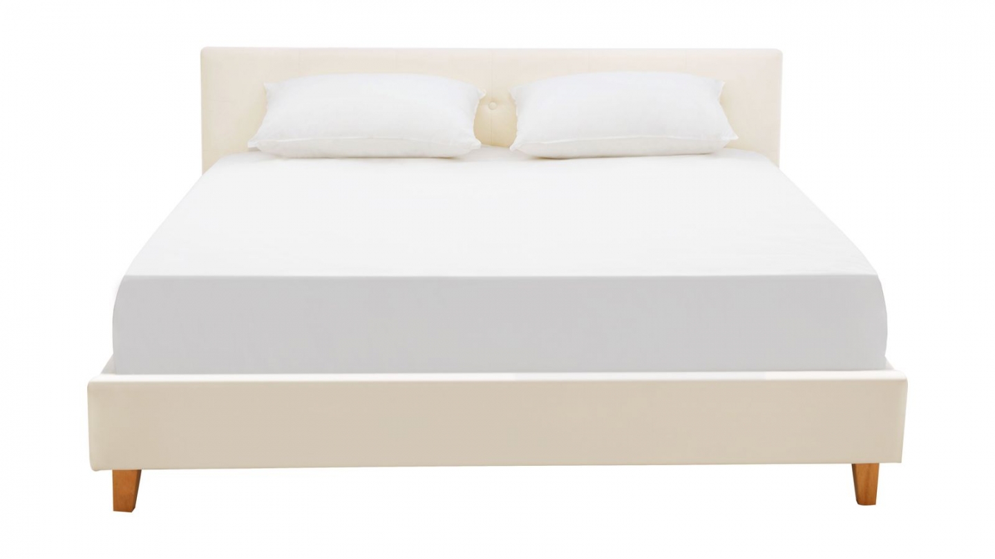 Lit adulte 160x200 cm avec tête de lit capitonnée en velours beige - Milo