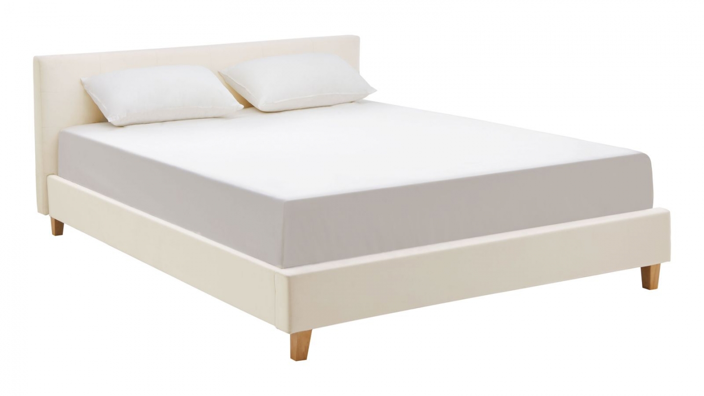 Lit adulte 160x200 cm avec tête de lit capitonnée en velours beige - Milo