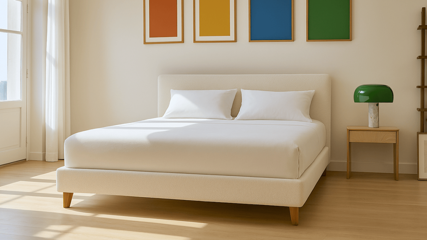 Lit adulte 160x200 cm avec tête de lit capitonnée en tissu bouclé beige - Milo