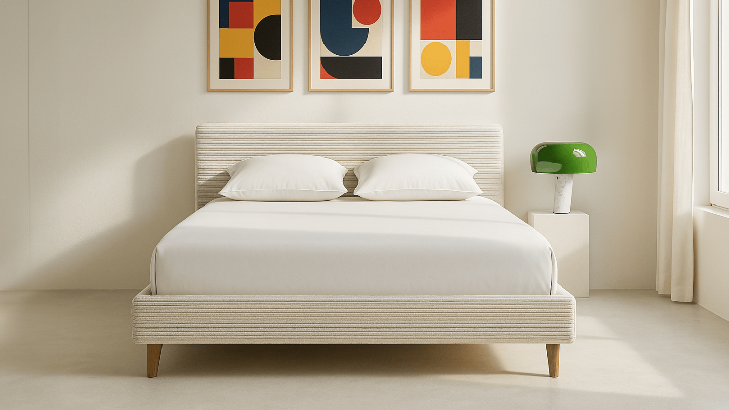 Lit adulte 140x190 cm avec tête de lit capitonnée en velours côtelé beige - Milo