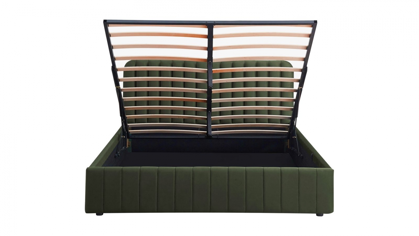 Lit coffre adulte 160x200 cm avec tête de lit capitonnée en velours vert kaki - Ava