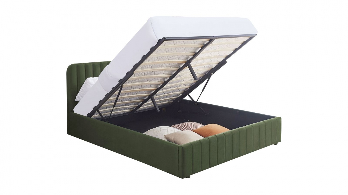 Lit coffre adulte 160x200 cm avec tête de lit capitonnée en velours vert kaki - Ava