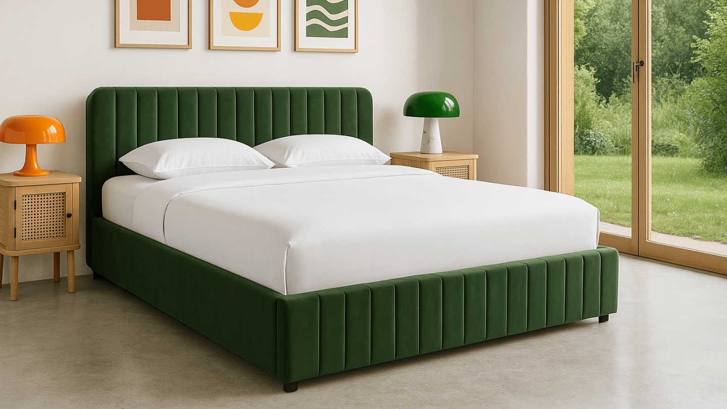 Lit coffre adulte 160x200 cm avec tête de lit capitonnée en velours vert kaki - Ava