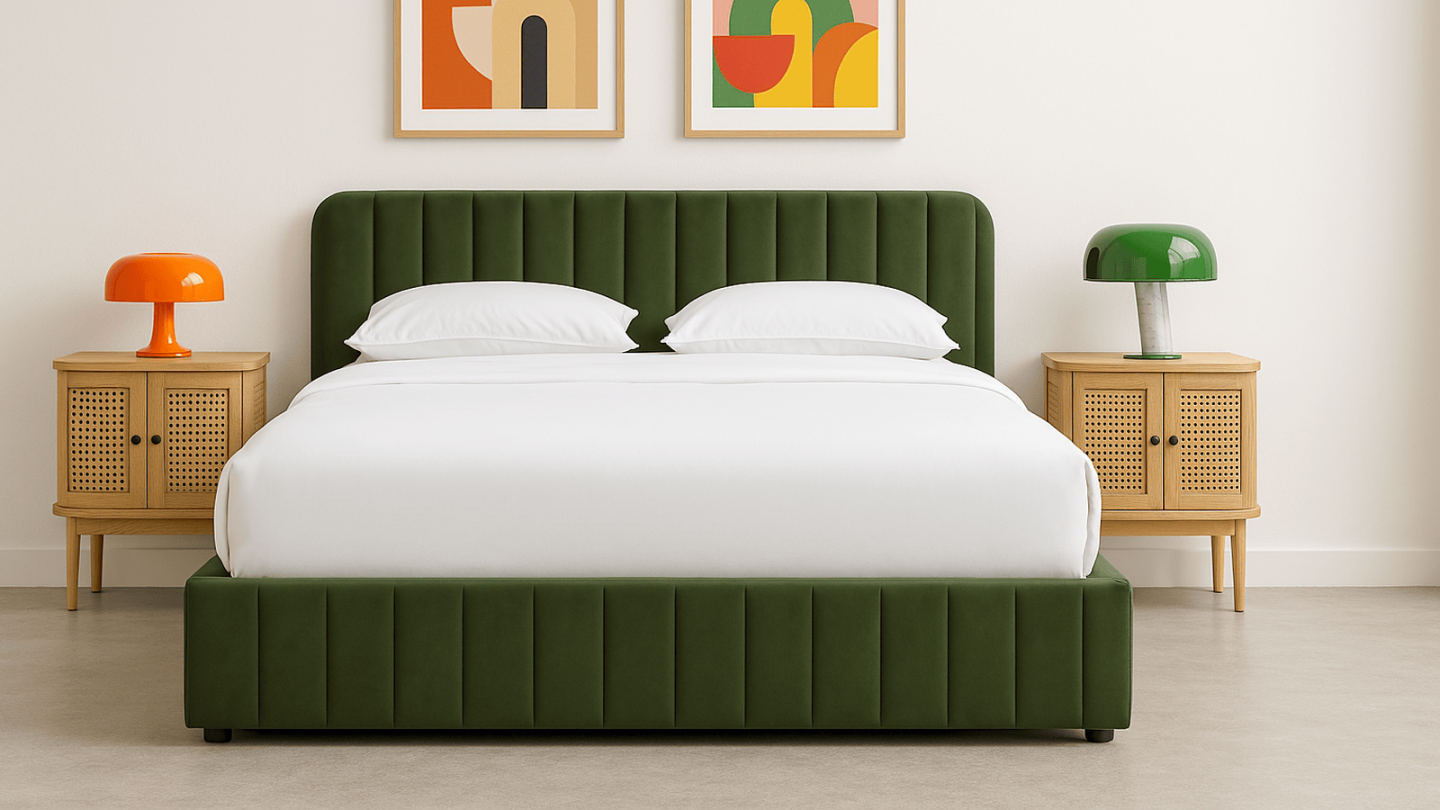 Lit coffre adulte 160x200 cm avec tête de lit capitonnée en velours vert kaki - Ava