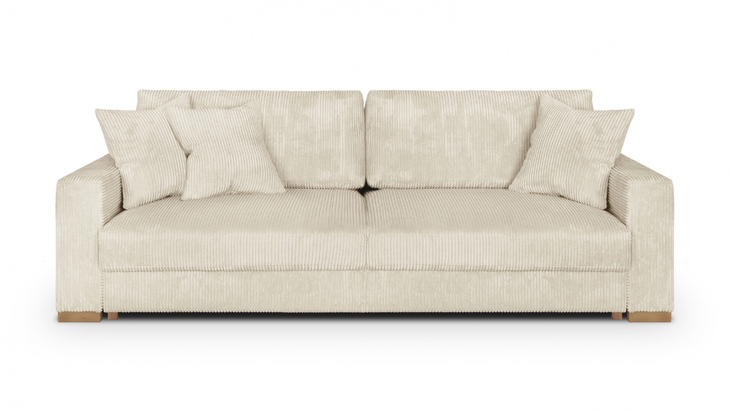 Canapé convertible 3 places en velours côtelé beige avec coffre de rangement - Robin