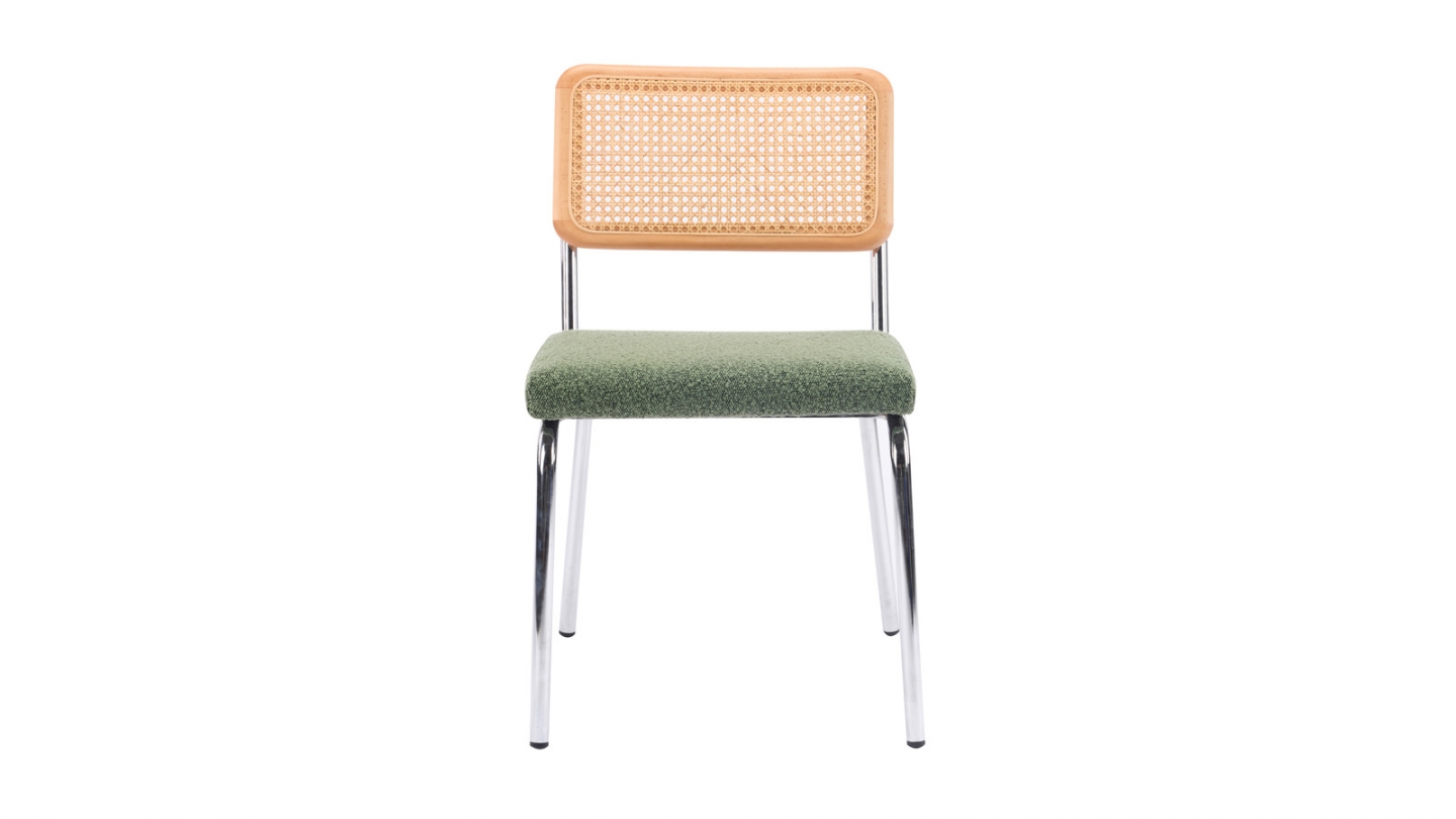 Lot de 2 chaises en métal chromé, cannage naturel et tissu bouclé vert - Paula