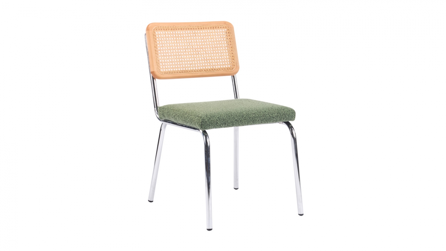 Lot de 2 chaises en métal chromé, cannage naturel et tissu bouclé vert - Paula Lot de 2 chaises en métal chromé, cannage naturel et tissu bouclé vert - Paula
