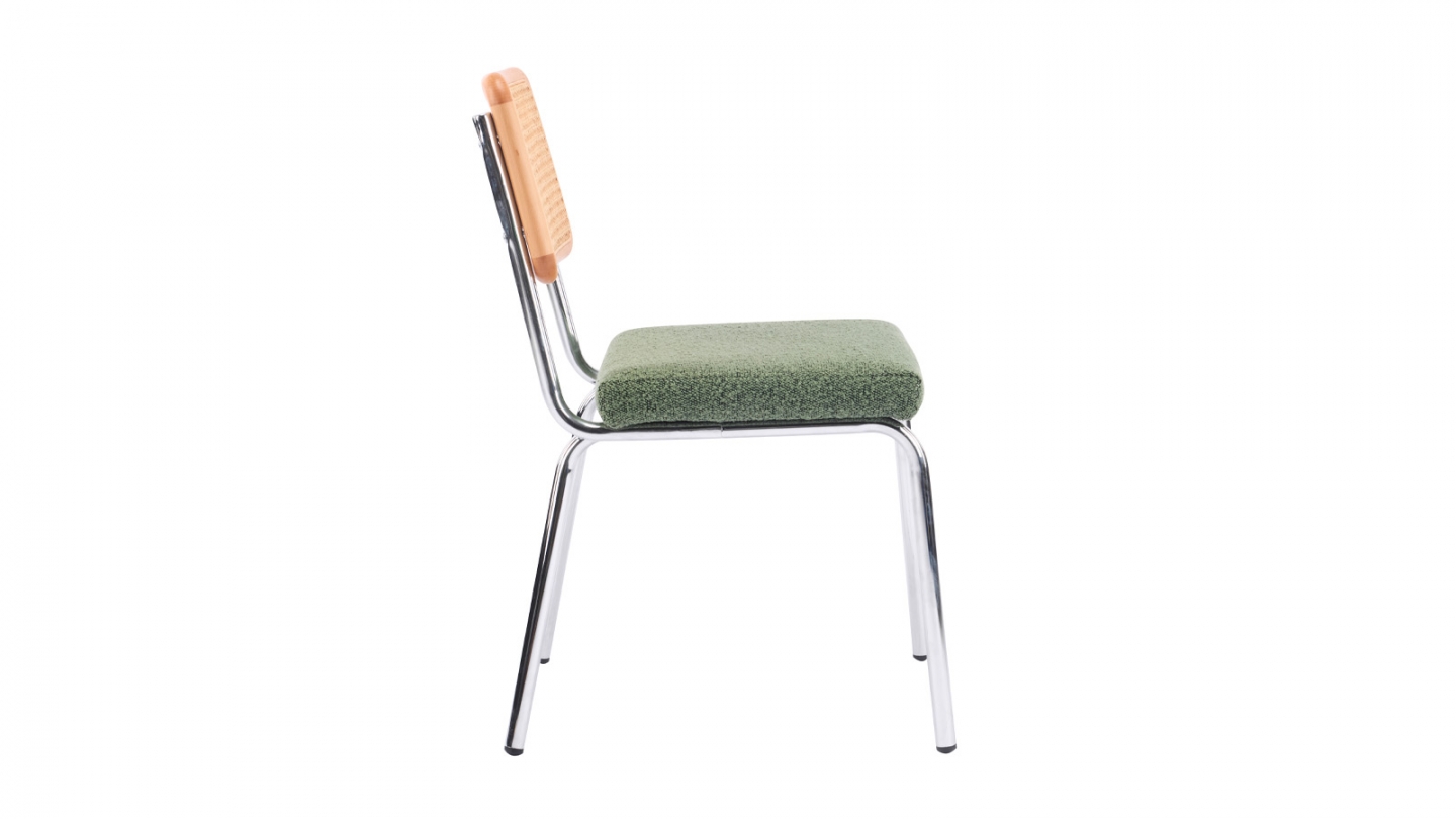 Lot de 2 chaises en métal chromé, cannage naturel et tissu bouclé vert - Paula Lot de 2 chaises en métal chromé, cannage naturel et tissu bouclé vert - Paula