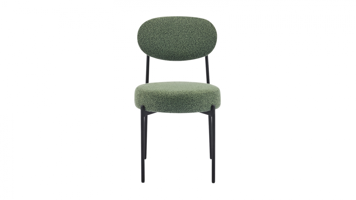 Lot de 2 chaises en tissu bouclé vert, piètement métal noir - Evora Lot de 2 chaises en tissu bouclé vert, piètement métal noir - Evora