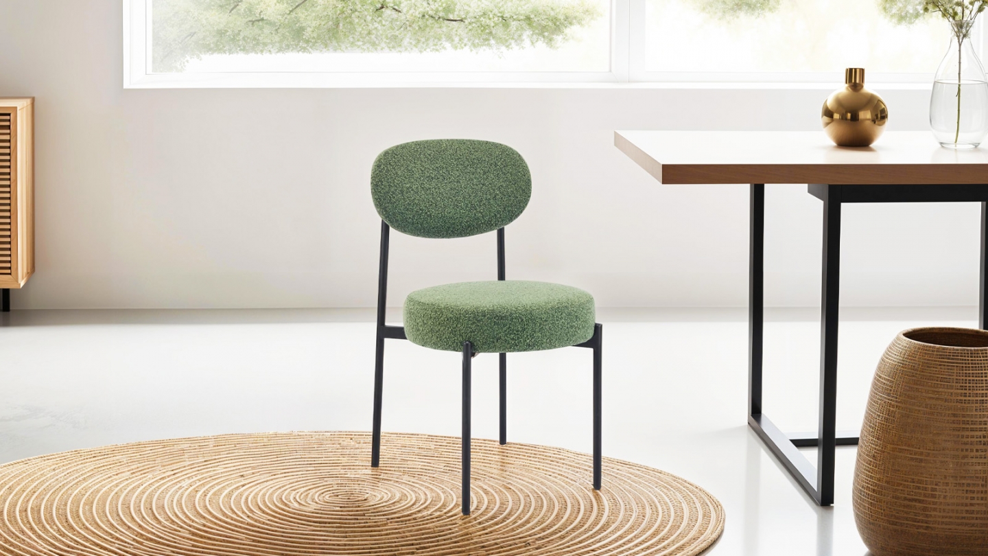 Lot de 2 chaises en tissu bouclé vert, piètement métal noir - Evora