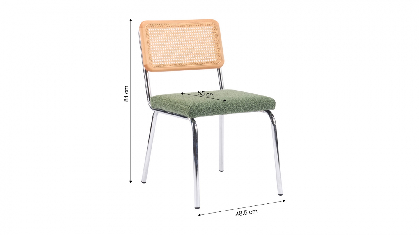 Lot de 2 chaises en métal chromé, cannage naturel et tissu bouclé vert - Paula