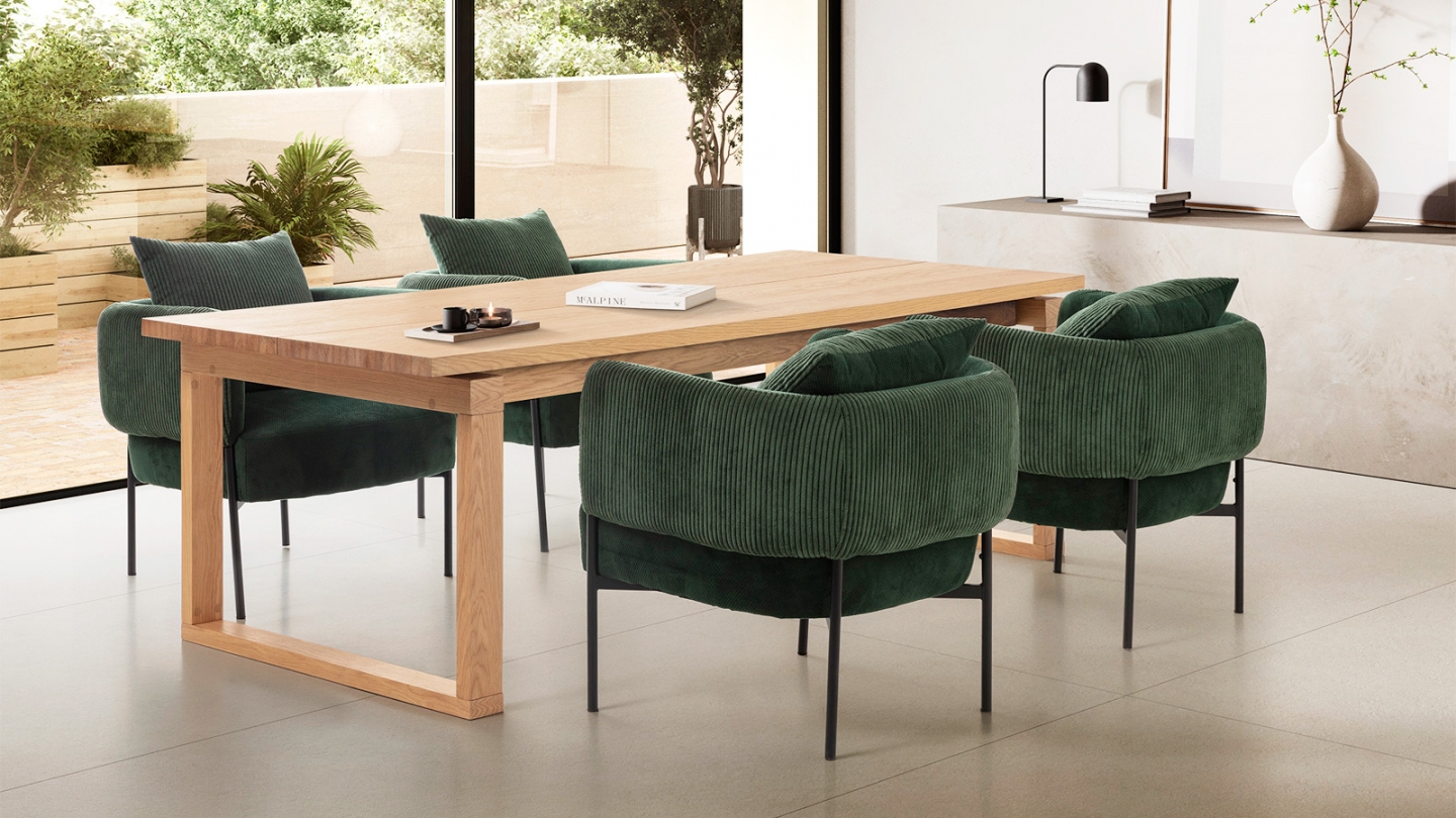 Table à manger rectangulaire en bois, piètement couleur chêne, 220 cm - Line