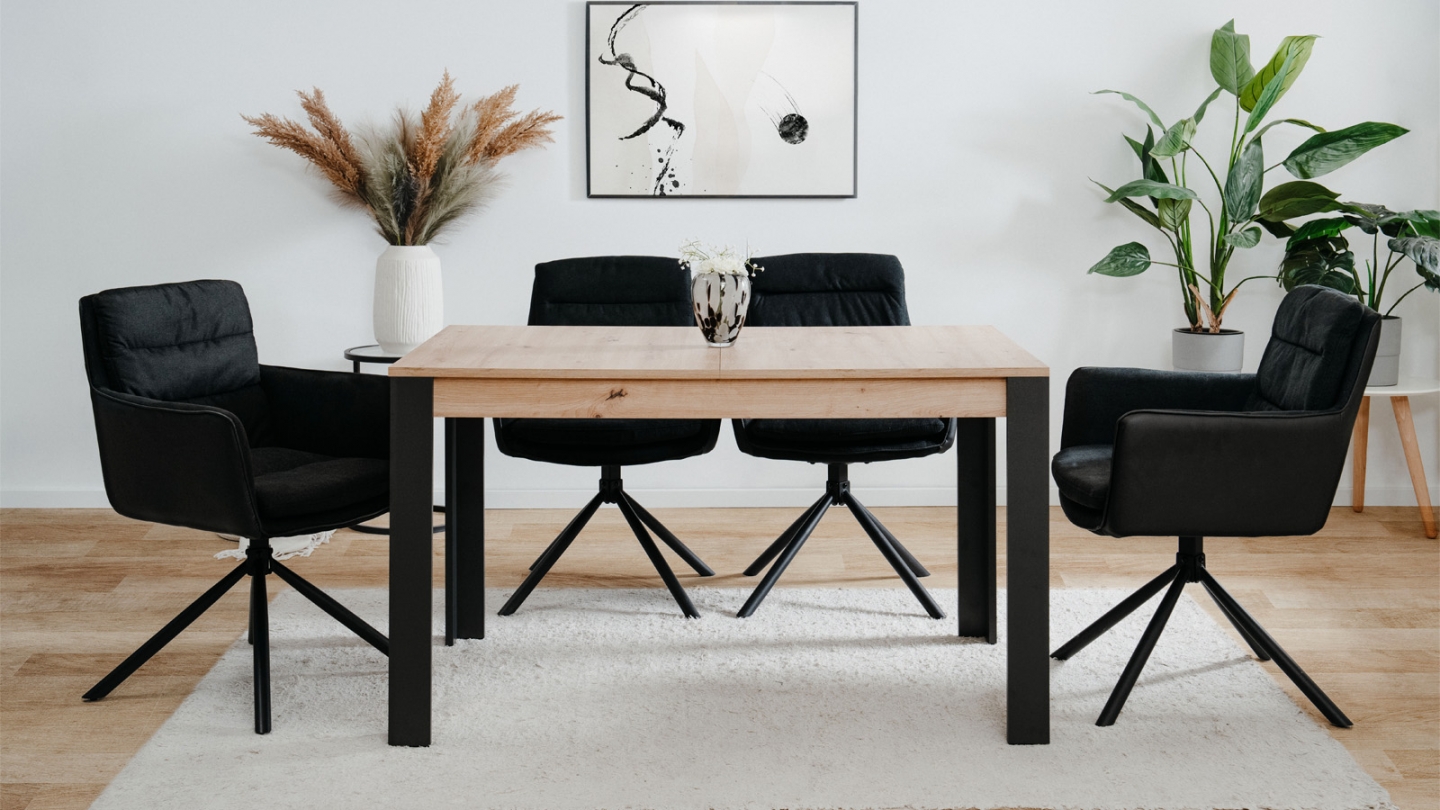 Table à manger extensible noir et effet chêne 4 à 6 personnes 100/150 cm - Ted Table à manger extensible noir et effet chêne 4 à 6 personnes 100/150 cm - Ted