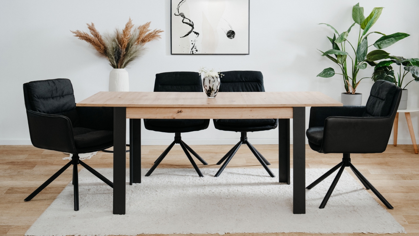 Table à manger extensible noir et effet chêne 4 à 6 personnes 100/150 cm - Ted Table à manger extensible noir et effet chêne 4 à 6 personnes 100/150 cm - Ted