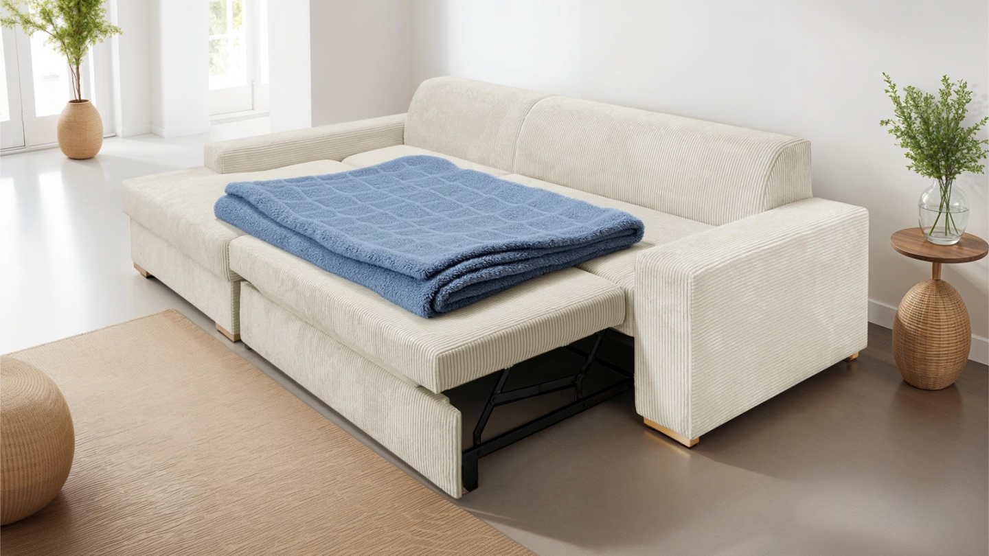 Canapé d'angle à gauche convertible 3/4 places en velours côtelé beige - Nyssa