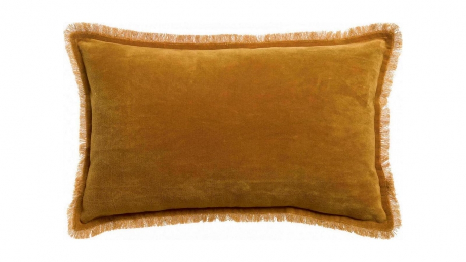 Coussin à frange en velours jaune safran 30 x 50 cm - Fara