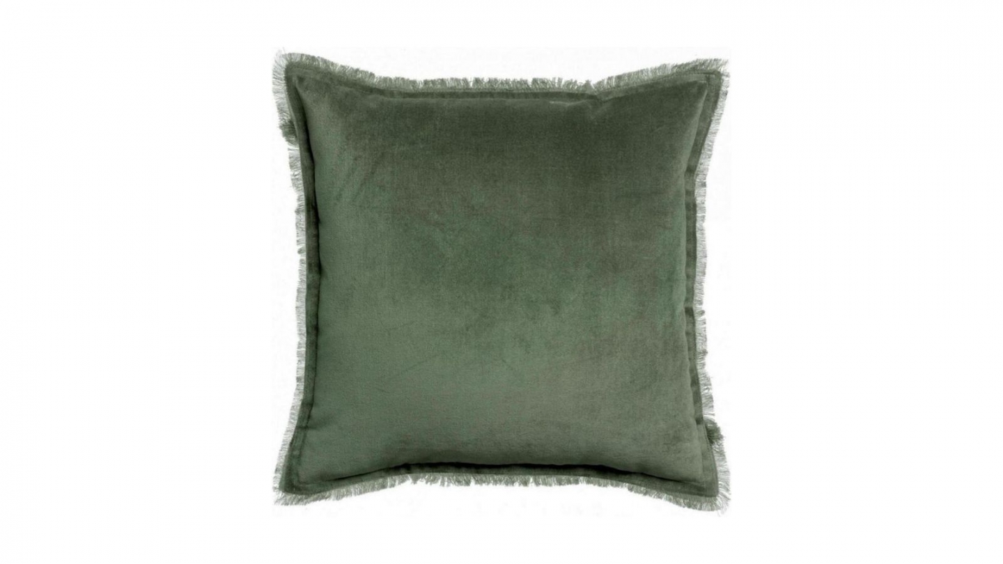 Coussin à frange en velours vert thym 45 x 45 cm - Fara