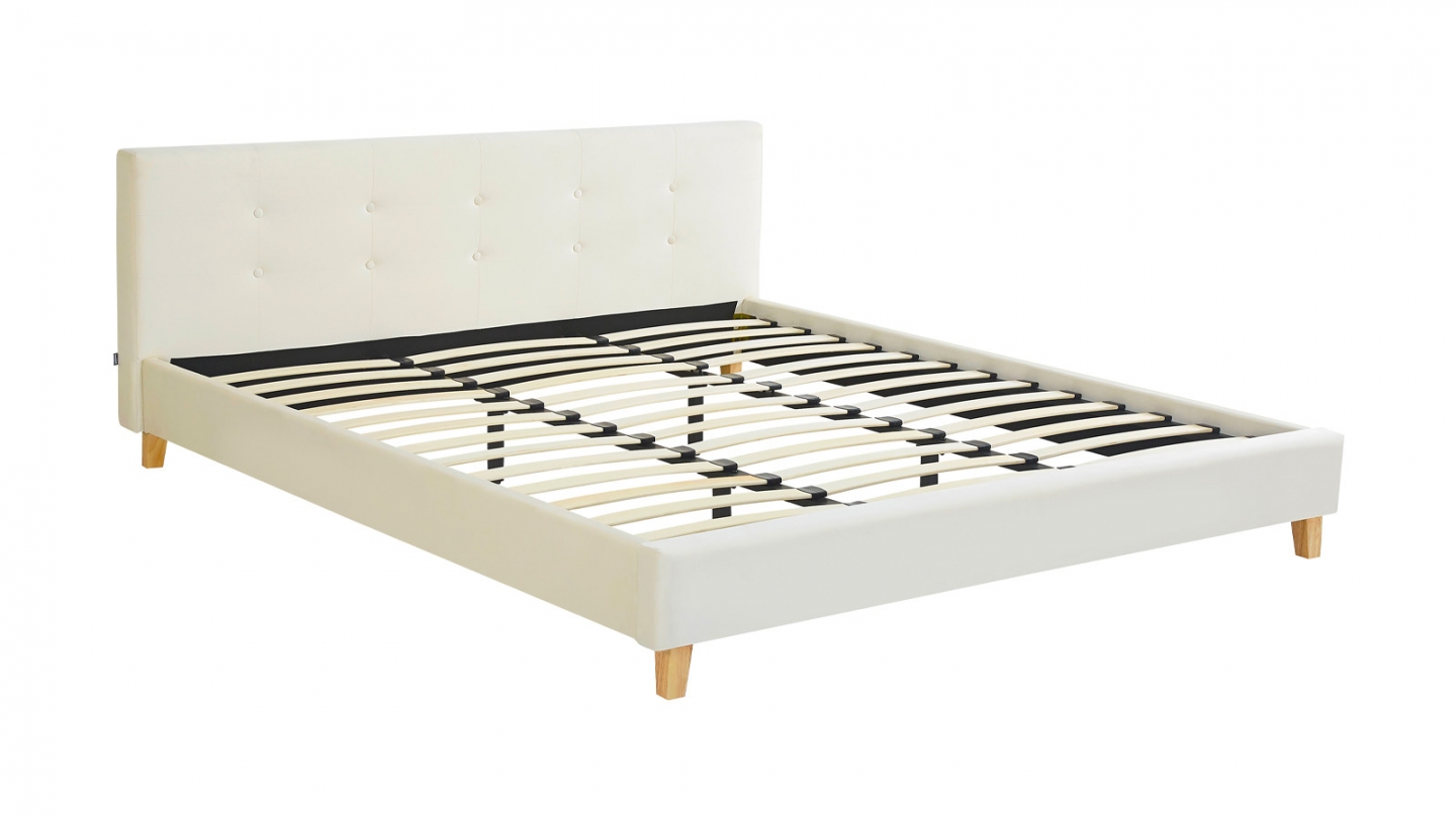 Lit adulte 180x200 cm avec tête de lit capitonnée en velours beige - Milo