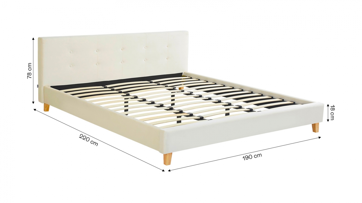Lit adulte 180x200 cm avec tête de lit capitonnée en velours beige - Milo