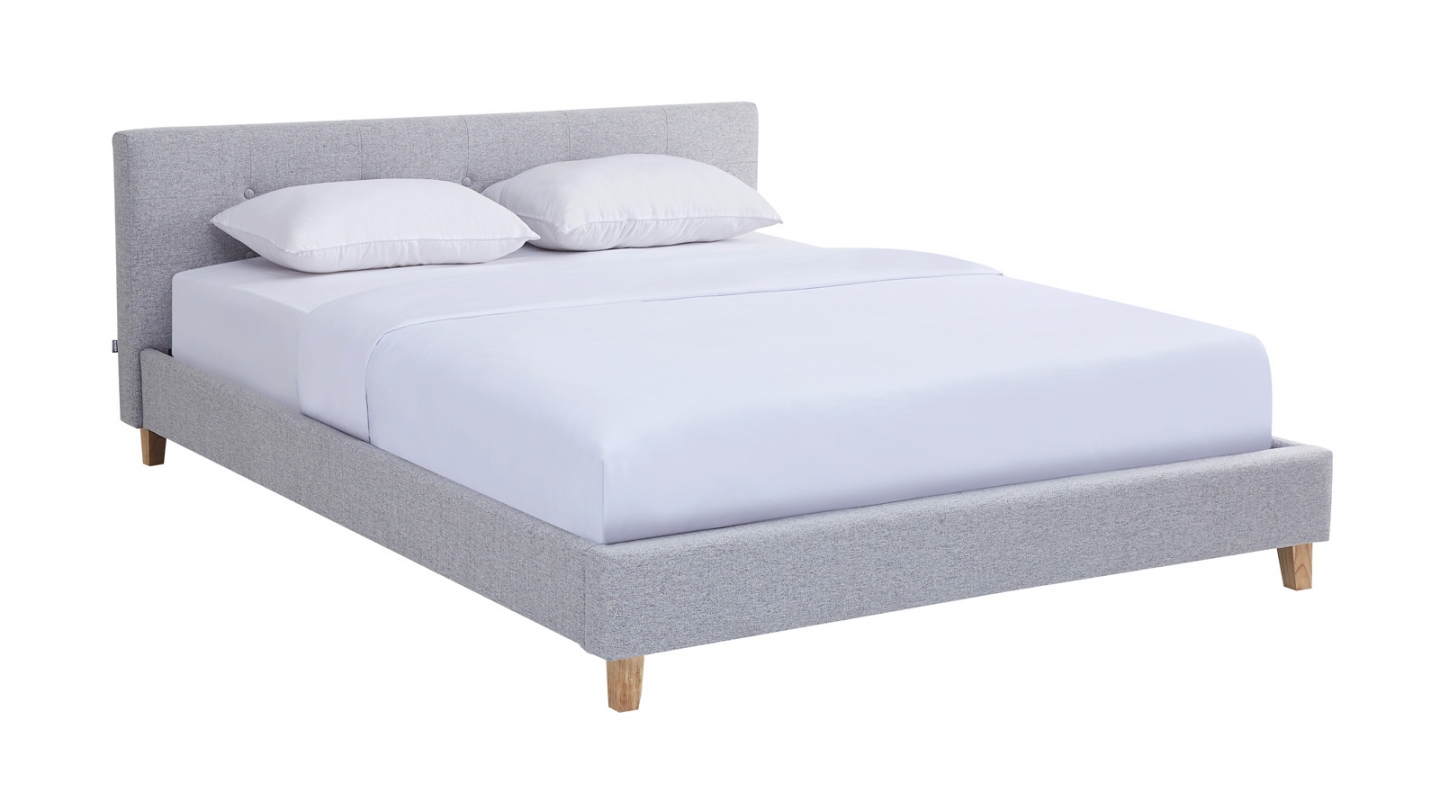 Lit adulte 140x190 cm avec tête de lit capitonnée en tissu gris chiné - Milo